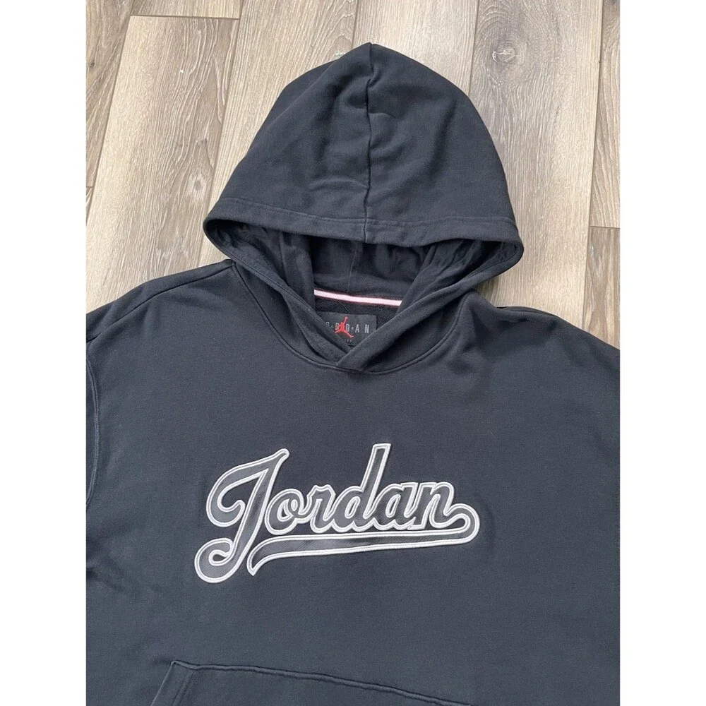 Jordan Mens Black Script Logo Pullover Hoodie Sweatshirt Sz Medium Jumpman Logo